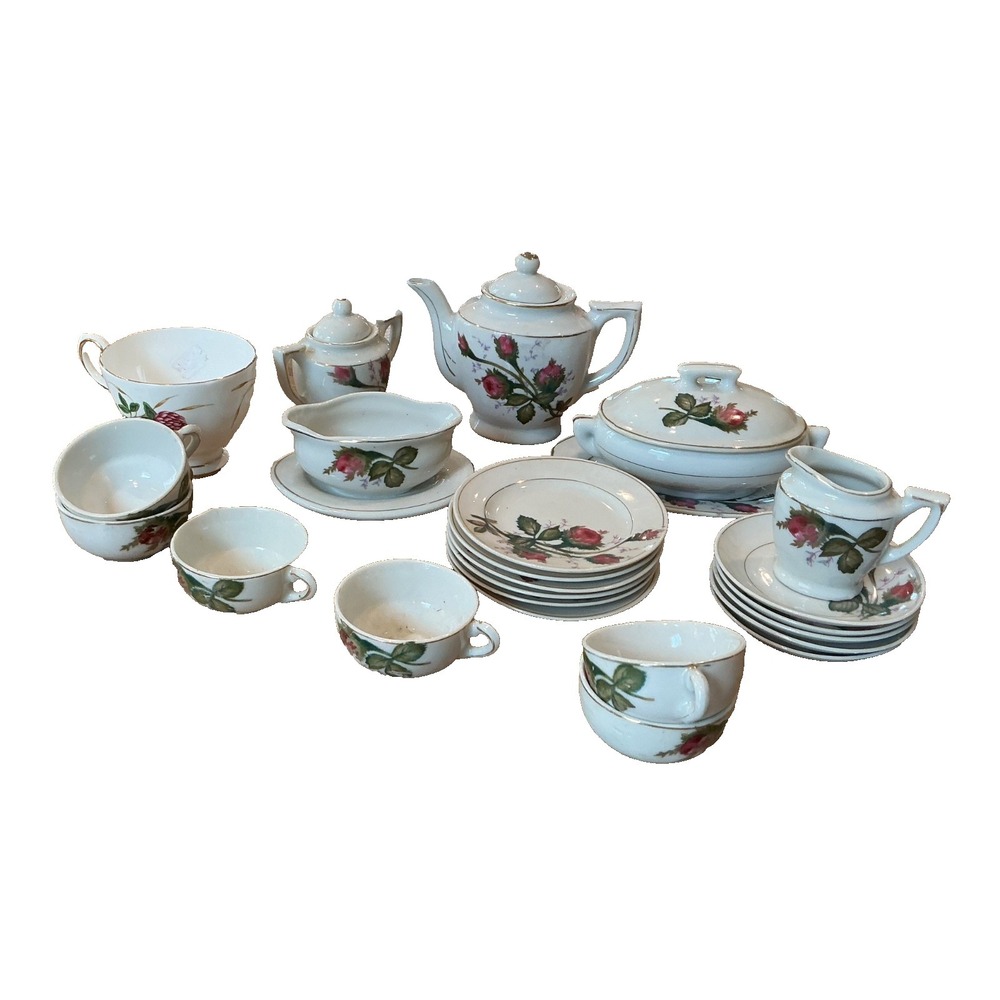 Childs Moss Rose China Tea Set Vintage Made In Japan Gold Trim Pink Roses 24 PCS
